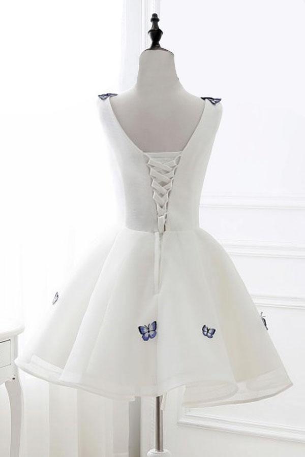 Vestido de fiesta de organza color marfil con escote en V y corte en A con apliques PD138