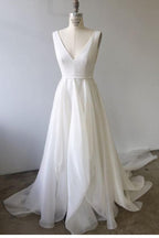 Vestidos de fiesta color marfil con escote en V y corte en A, vestidos de novia con cola de corte PM233