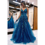 Vestido largo de fiesta con escote en V, corte en A y apliques de encaje