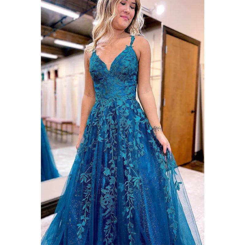 Vestido largo de fiesta con escote en V, corte en A y apliques de encaje