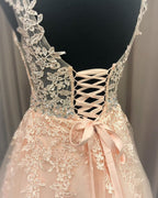 Vestidos largos de fiesta de graduación, corte línea A, escote en V, encaje, con cinturón.