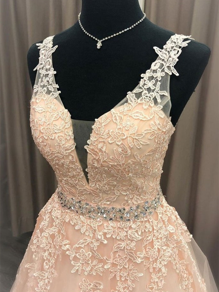 Vestidos largos de fiesta de graduación, corte línea A, escote en V, encaje, con cinturón.