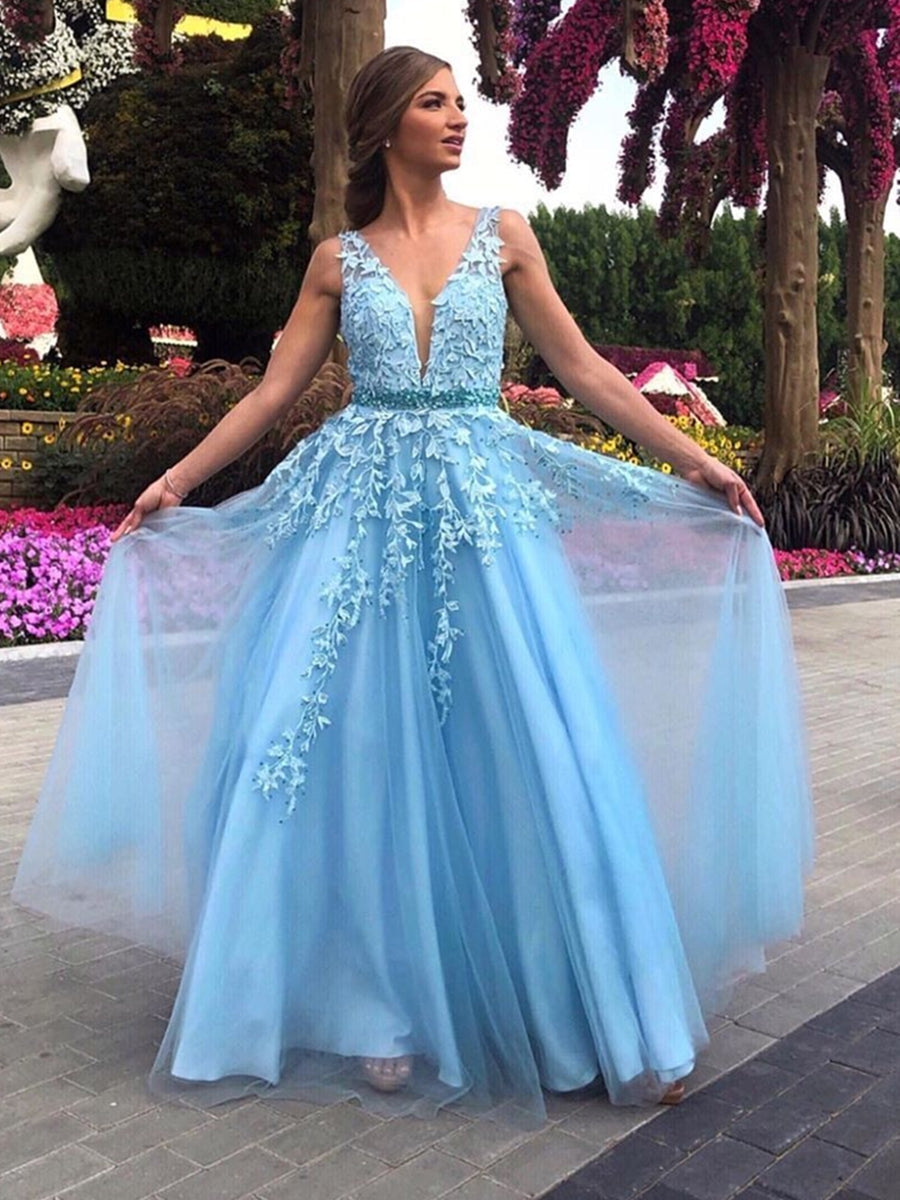 Vestidos largos de fiesta de encaje con escote en V y corte en A, vestidos de noche formales de tul