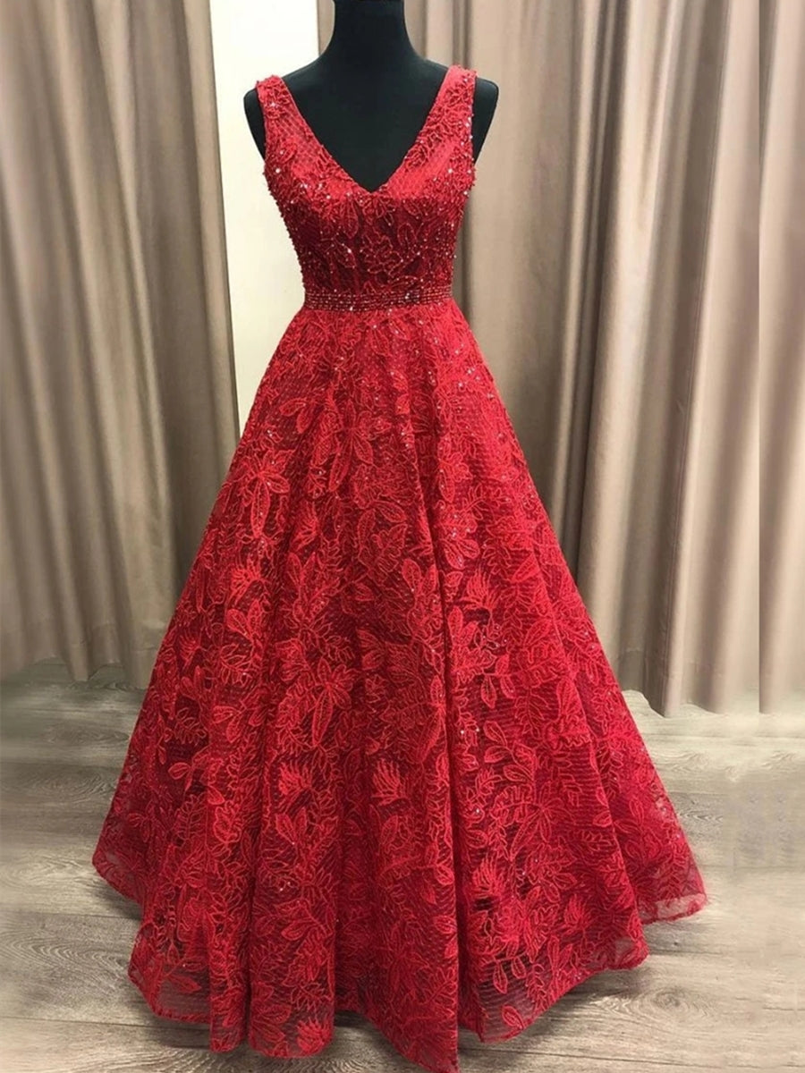 Vestidos de graduación largos de encaje con escote en V y corte en A, color burdeos.