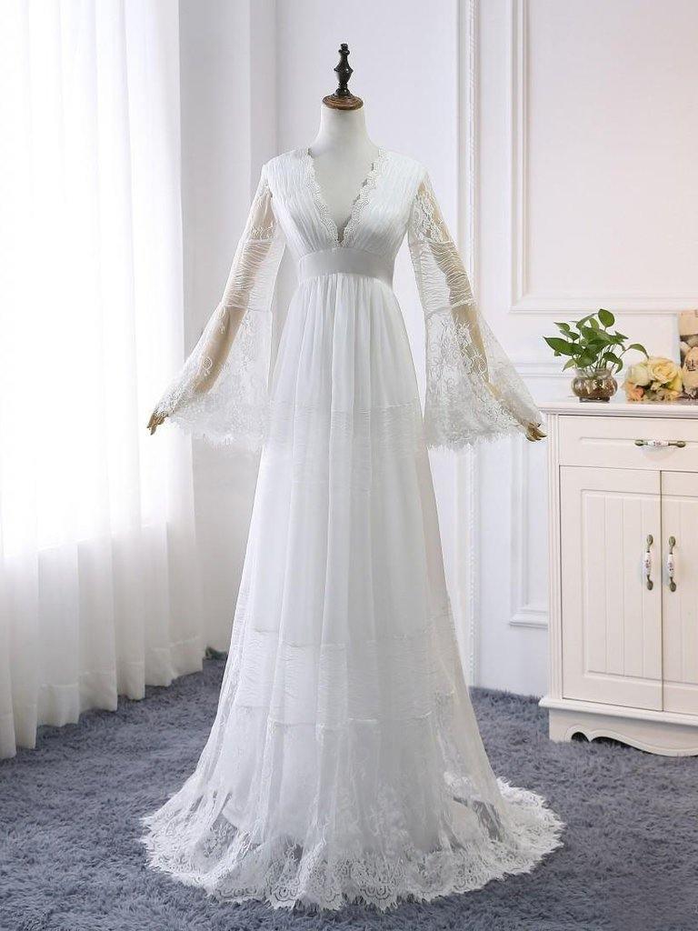 Robe de mariée trapèze à col en V et manches longues, style bohème rustique WD516