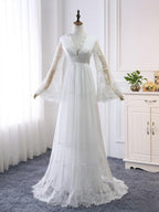 Robe de mariée trapèze à col en V et manches longues, style bohème rustique WD516