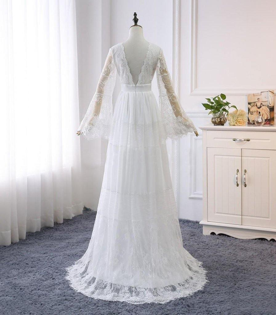 Robe de mariée trapèze à col en V et manches longues, style bohème rustique WD516