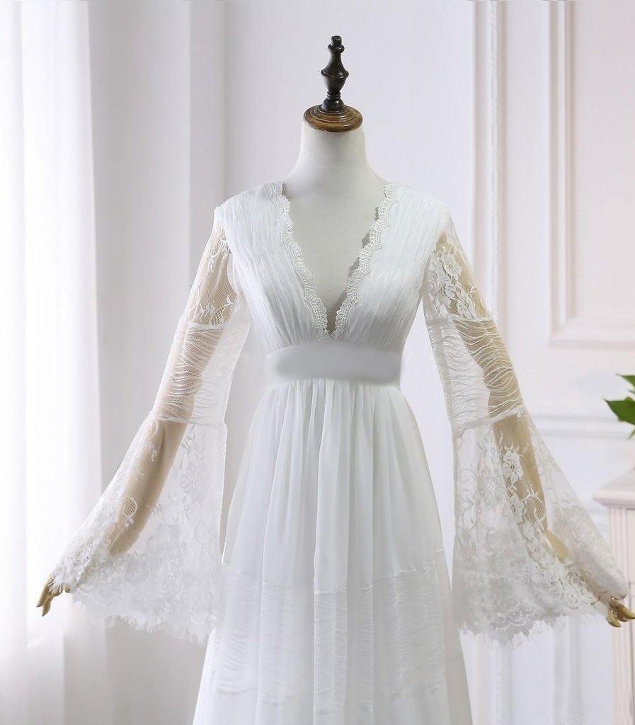 Robe de mariée trapèze à col en V et manches longues, style bohème rustique WD516