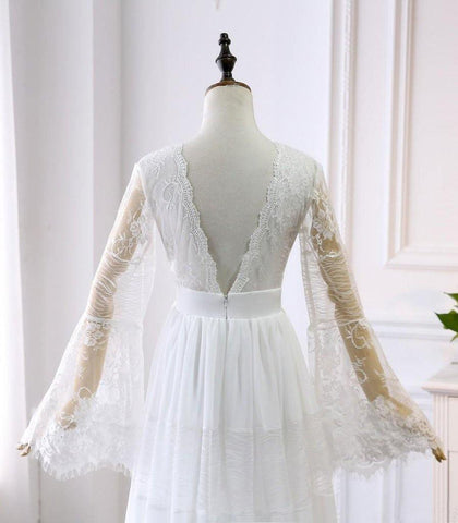A-line V neck Long Sleeve Wedding Dress Rustic Boho Wedding Dress WD516