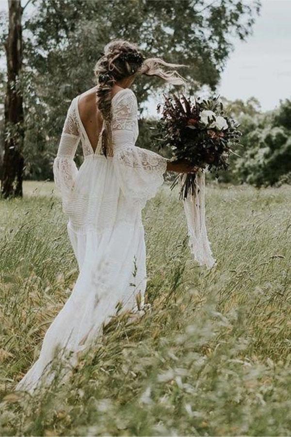 Robe de mariée trapèze à col en V et manches longues, style bohème rustique WD516