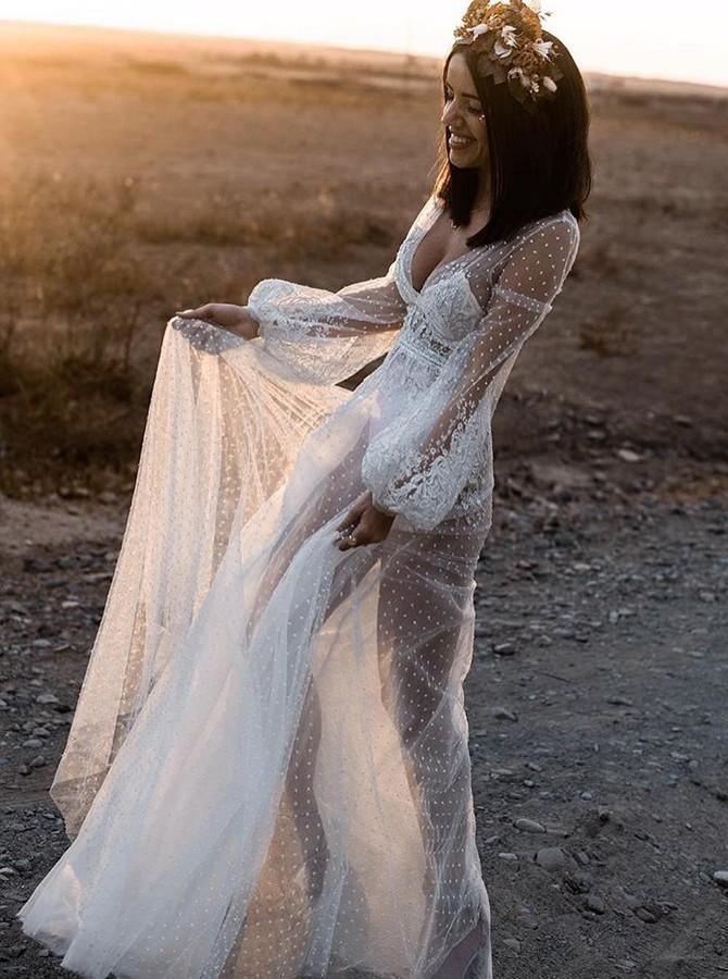 Vestido de novia playero de corte A, escote en V, mangas largas y apliques WD407