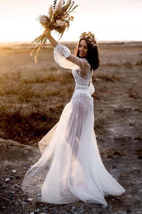 Vestido de novia playero de corte A, escote en V, mangas largas y apliques WD407