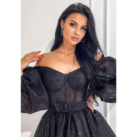 Vestido de graduación negro brillante de corte línea, escote en V, mangas largas, vestido corto para fiesta de bienvenida 