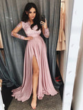 Vestidos de fiesta formales de corte A, escote en V, mangas largas, encaje y satén con abertura en la pierna.