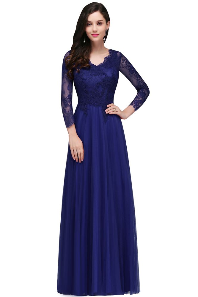 Vestidos de fiesta de corte A, escote en V, mangas largas, encaje y tul sin espalda