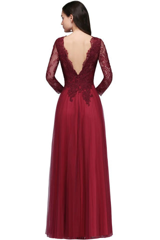 Robes de bal trapèze à col en V, manches longues, dentelle et tulle dos nu