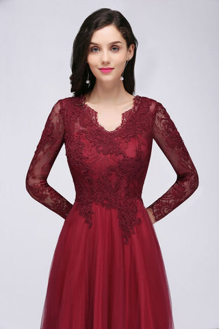 Robes de bal trapèze à col en V, manches longues, dentelle et tulle dos nu