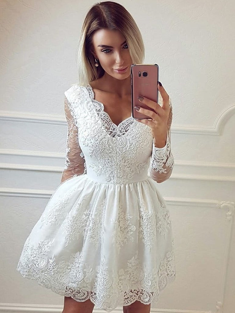 Vestidos cortos blancos de encaje, corte en A, escote en V, mangas largas, para baile de graduación o fiesta de bienvenida.