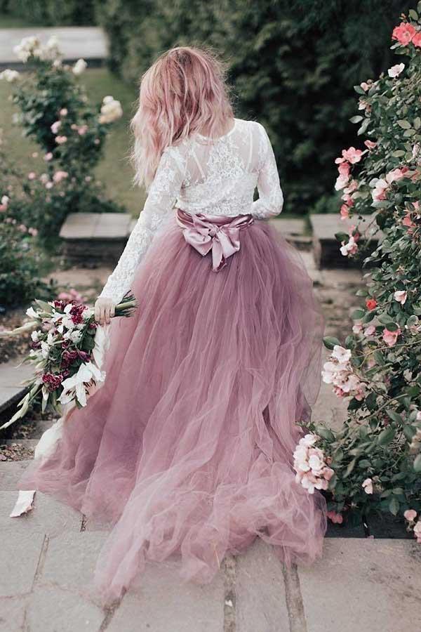 Vestido de novia rosa de tul, corte en A, escote en V, mangas largas y apliques de encaje WD311