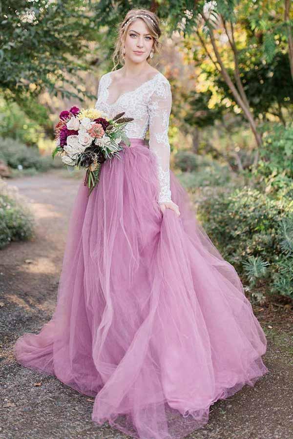 Vestido de novia rosa de tul, corte en A, escote en V, mangas largas y apliques de encaje WD311