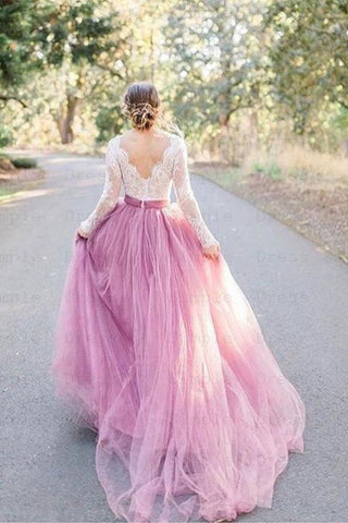 Robe de mariée rose en tulle, coupe trapèze, col en V, manches longues et applications de dentelle WD545