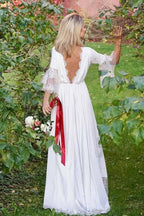 Vestido de fiesta de boda de satén con encaje, corte en A, escote en V y mangas largas WD312