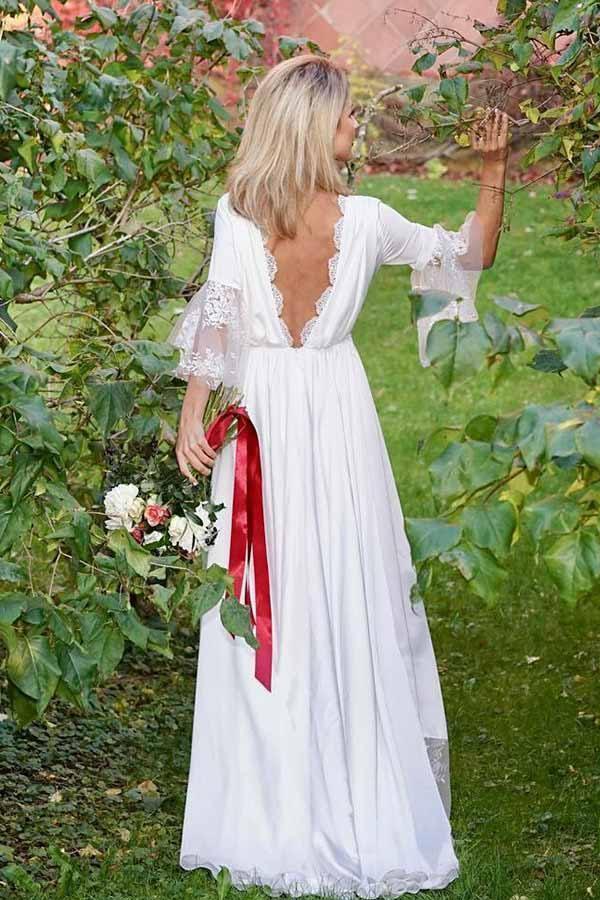 Vestido de fiesta de boda de satén con encaje, corte en A, escote en V y mangas largas WD312