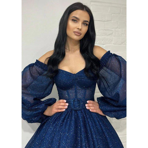 Vestido de graduación corto brillante de manga larga con escote en V y corte en A 