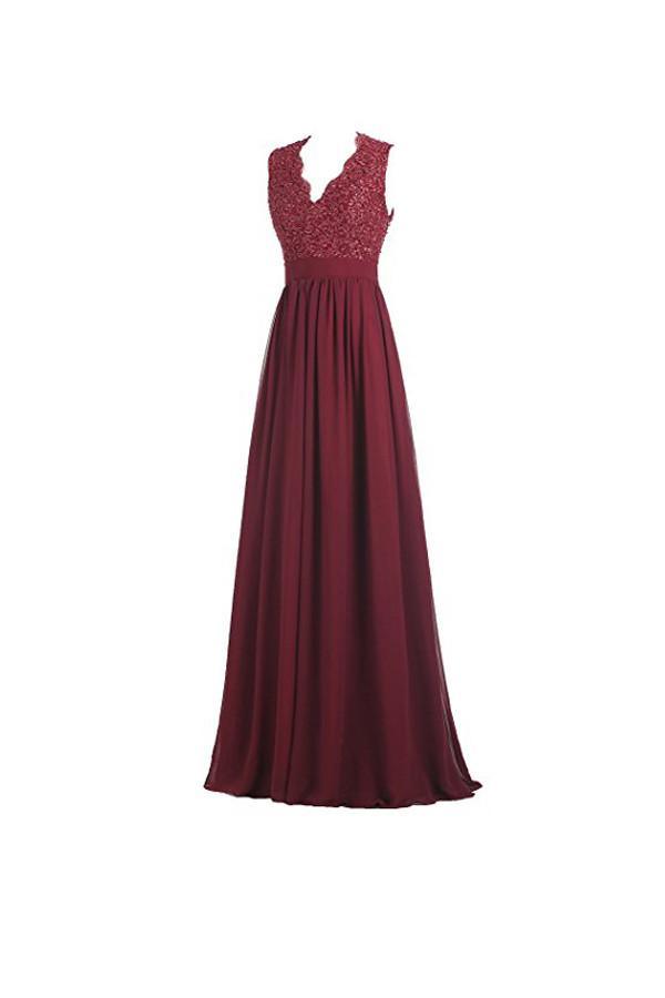 Vestido largo de noche de gasa con escote en V, espalda descubierta y encaje, corte en A, PG253