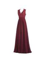 Vestido largo de noche de gasa con escote en V, espalda descubierta y encaje, corte en A, PG253