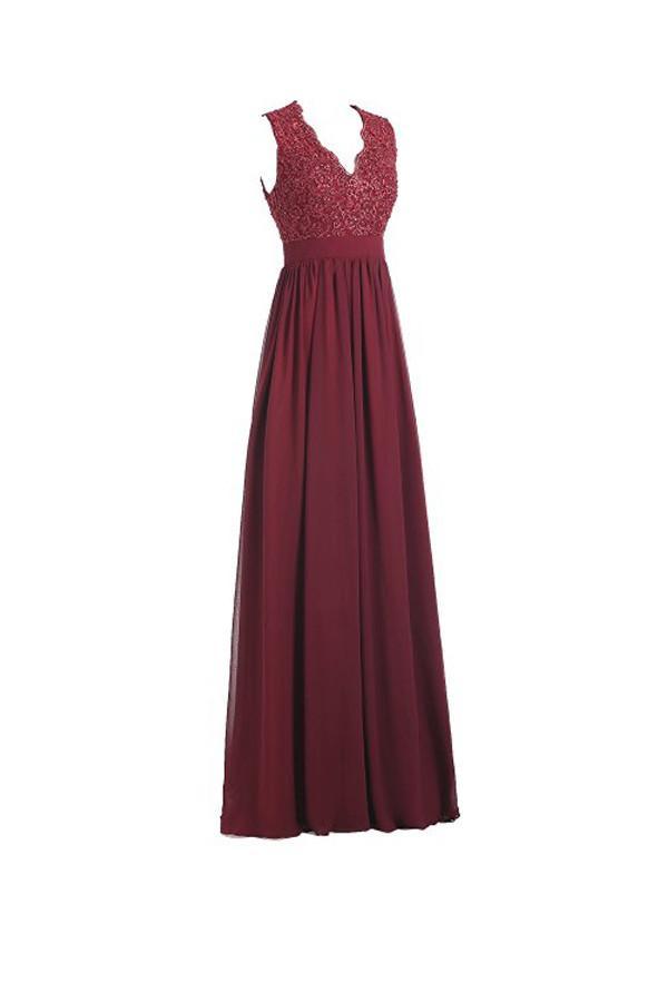 Vestido largo de noche de gasa con escote en V, espalda descubierta y encaje, corte en A, PG253