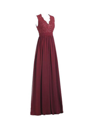 A-line V Neck Open Back Chiffon Long Evening Gown with Lace PG253