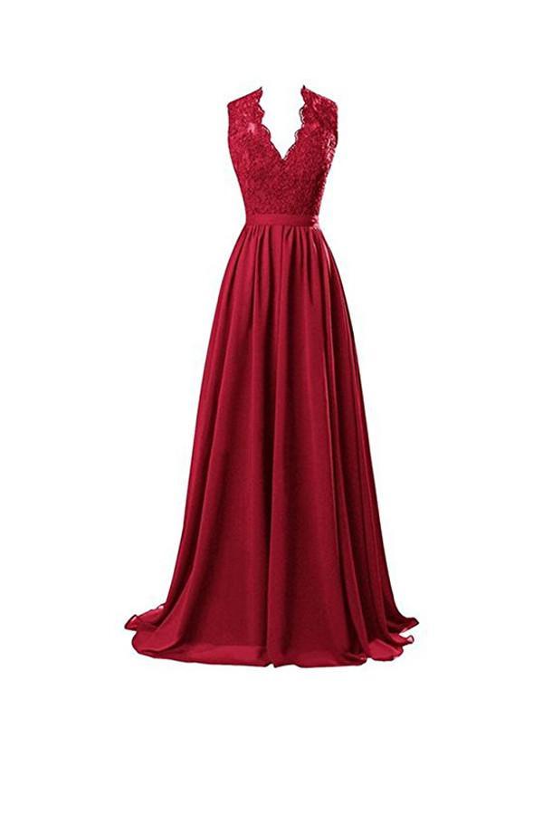 Vestido largo de noche de gasa con escote en V, espalda descubierta y encaje, corte en A, PG253