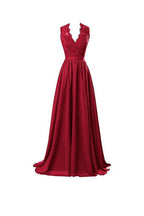 Vestido largo de noche de gasa con escote en V, espalda descubierta y encaje, corte en A, PG253