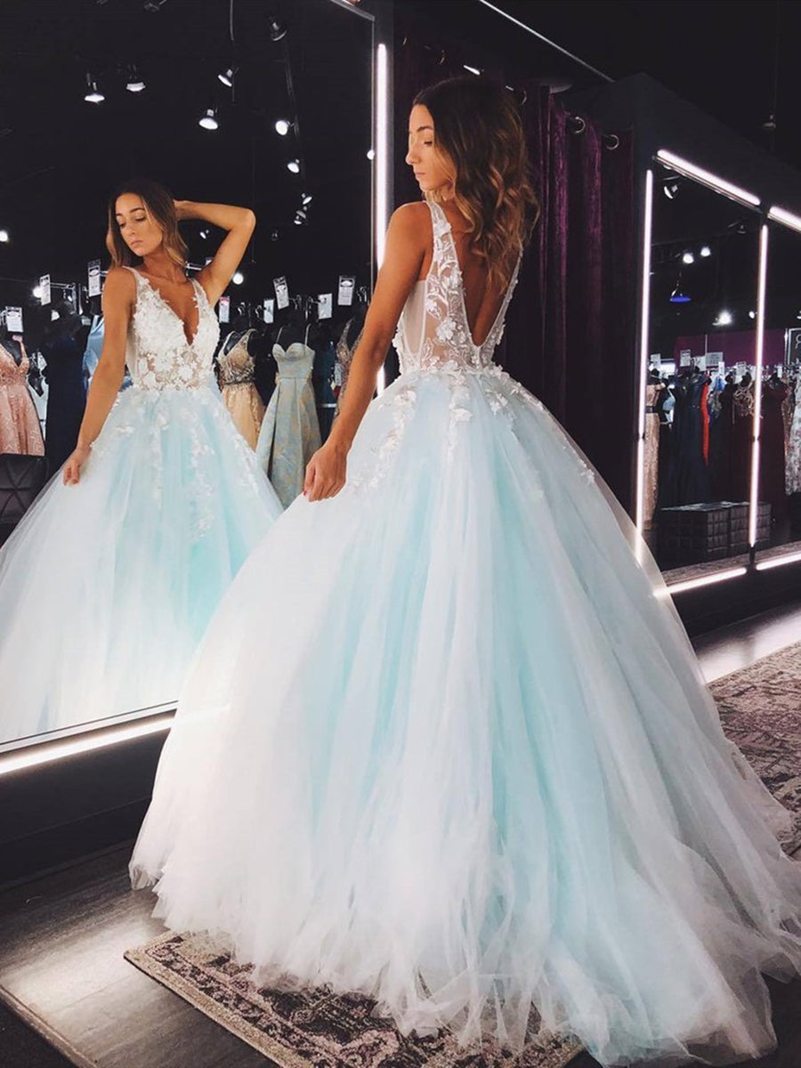 Vestidos largos de fiesta de tul con escote en V, espalda descubierta, encaje floral y corte en A.