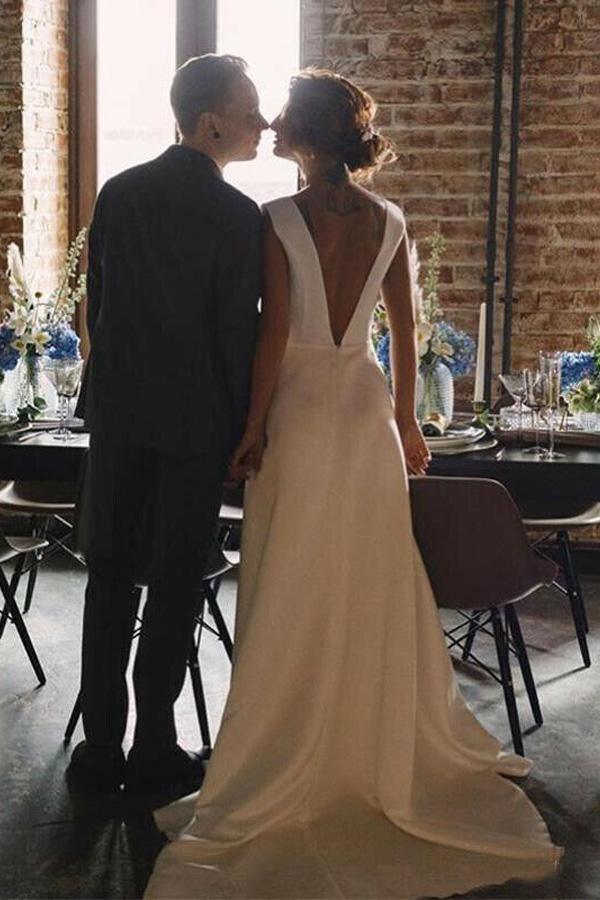 Vestido de novia largo de satén, corte línea A, escote en V, espalda descubierta y bolsillos WD005