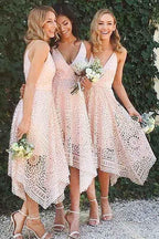 Vestido de dama de honor/baile/regreso a casa, corte en A, escote en V, encaje rosa perlado BD053