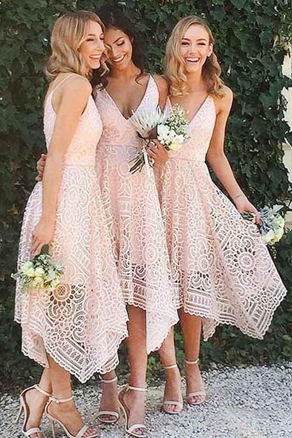 Vestido de dama de honor/baile/regreso a casa, corte en A, escote en V, encaje rosa perlado BD053