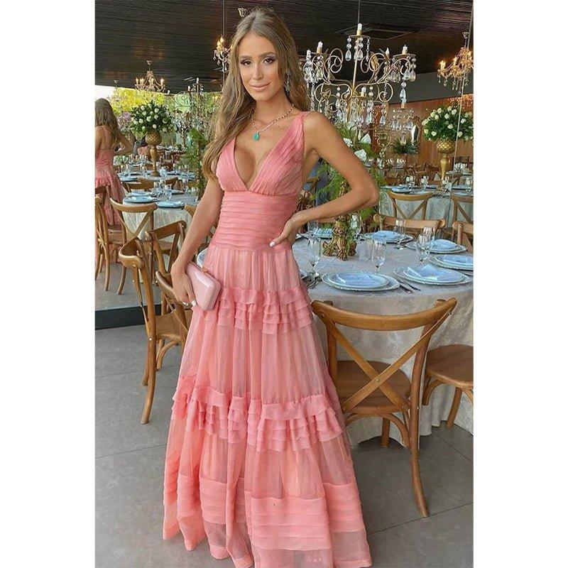 Vestido de noche formal largo con escote en V y tul rosa en capas 