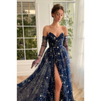 Vestido de fiesta de tul brillante con escote en V y pliegues en la parte delantera 