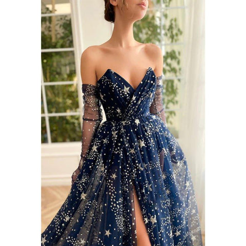 A-line V Neck Pleats Start Tulle Sparkly Prom Dress