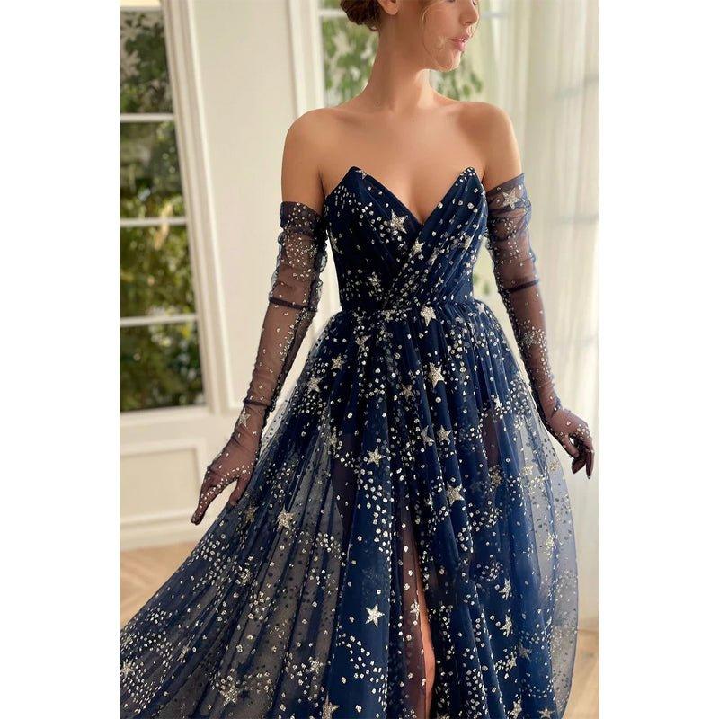 Vestido de fiesta de tul brillante con escote en V y pliegues en la parte delantera 