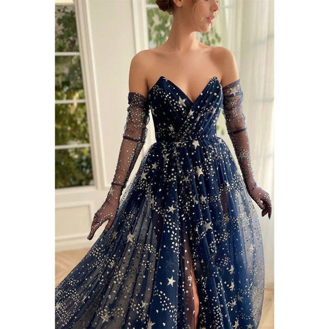 A-line V Neck Pleats Start Tulle Sparkly Prom Dress