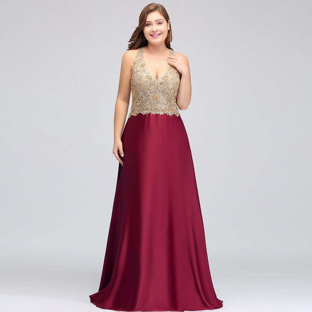 Vestidos de noche largos sin mangas de talla grande, corte en A, escote en V y apliques