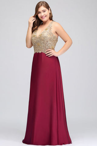 A-Line V-neck Plus size Long Sleeveless Evening Dresses with Appliques