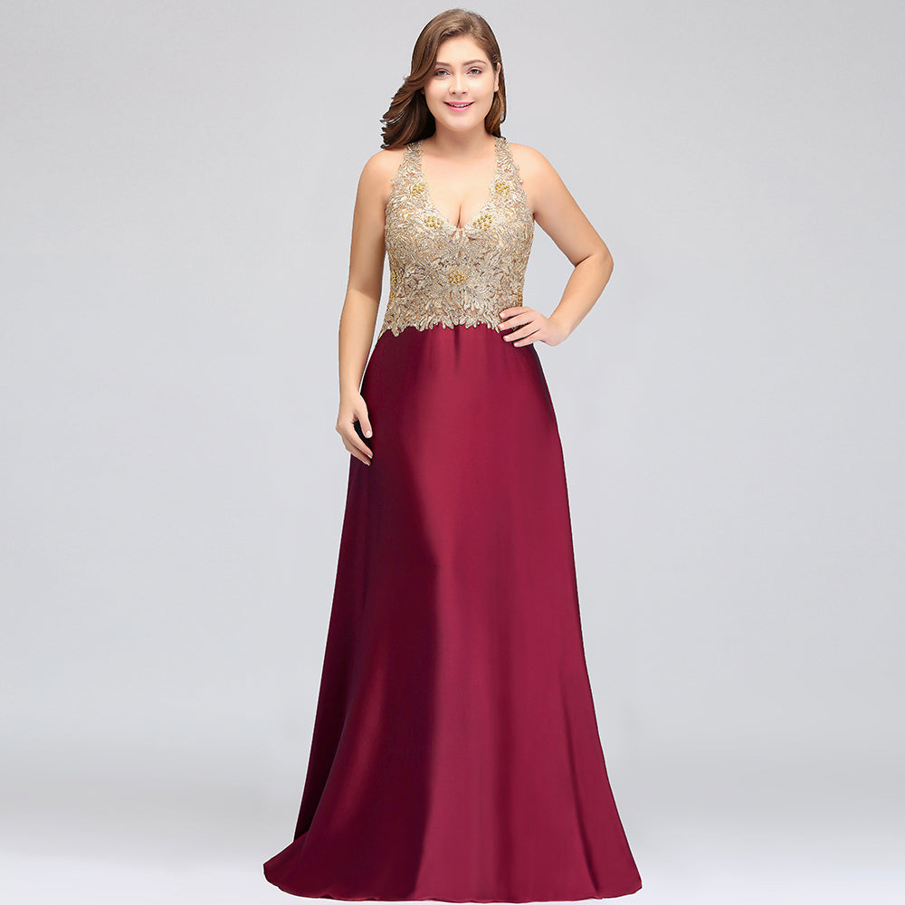 Vestidos de noche largos sin mangas de talla grande, corte en A, escote en V y apliques