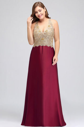 A-Line V-neck Plus size Long Sleeveless Evening Dresses with Appliques