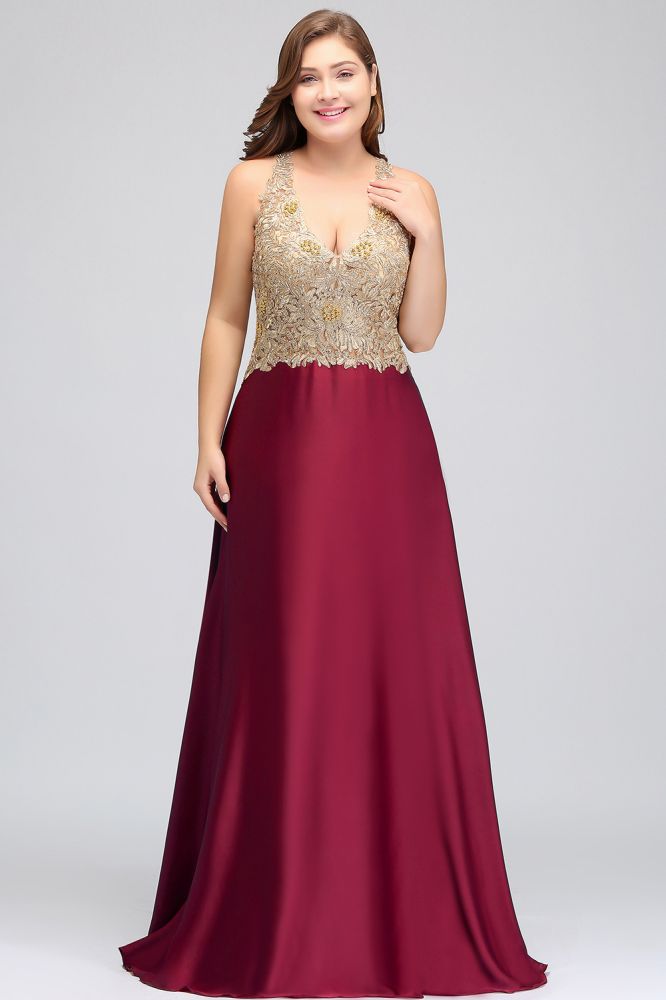 Vestidos de noche largos sin mangas de talla grande, corte en A, escote en V y apliques