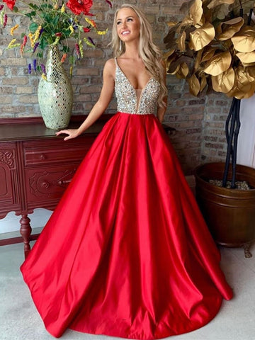 Robes de bal longues rouges en satin à col en V et perles, coupe trapèze, style formel