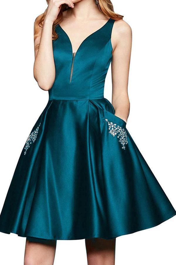 Vestido de fiesta de satén burdeos con escote en V, corte en A, bordado con cuentas y bolsillos (PD262)